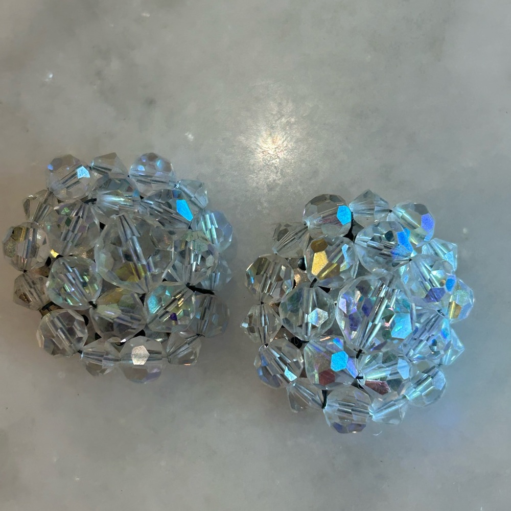 Vintage Aurora Borealis crystal faceted clip on earrings